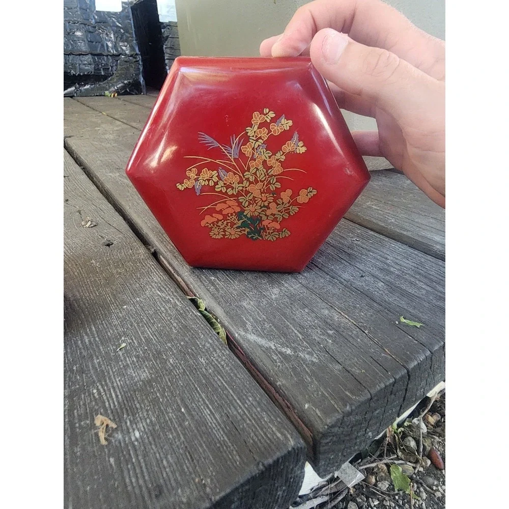 Vintage Floral Red Lucite Hexagonal Lidded Nesting Trinket Boxes Set Of 3